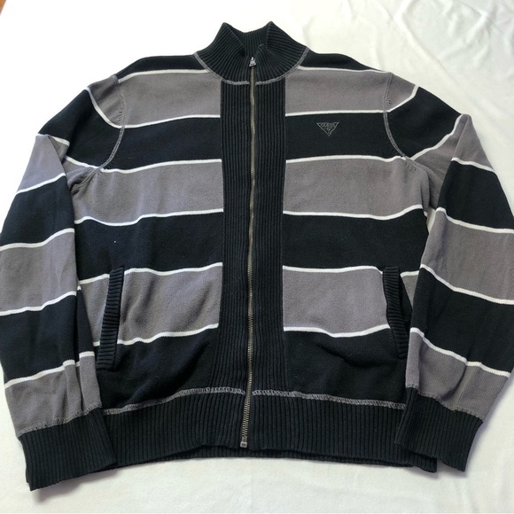 GUESS Grey & Black Long Sleeve Zip Up Striped Knit Cardigan Sweater Size Large - Picture 1 of 13